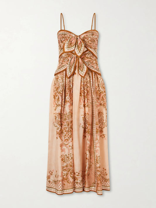 Image of Dresses. Product name - Aster Cutout Knotted Printed Silk Midi Dress in Pink colour by brand - Zimmermann