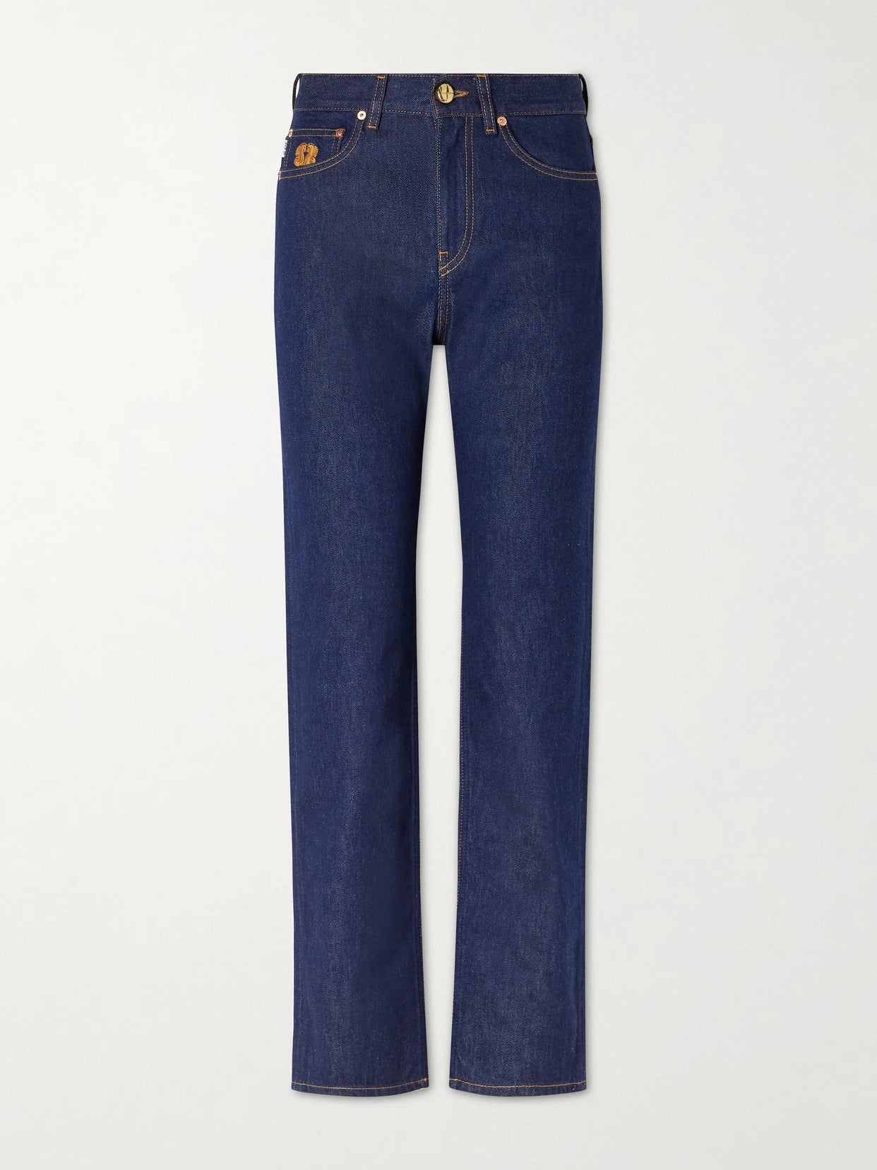 Image of a model wearing Pants. Product name - Mid-rise Straight-leg Jeans in Dark denim colour by brand - BLAZÉ Milano
