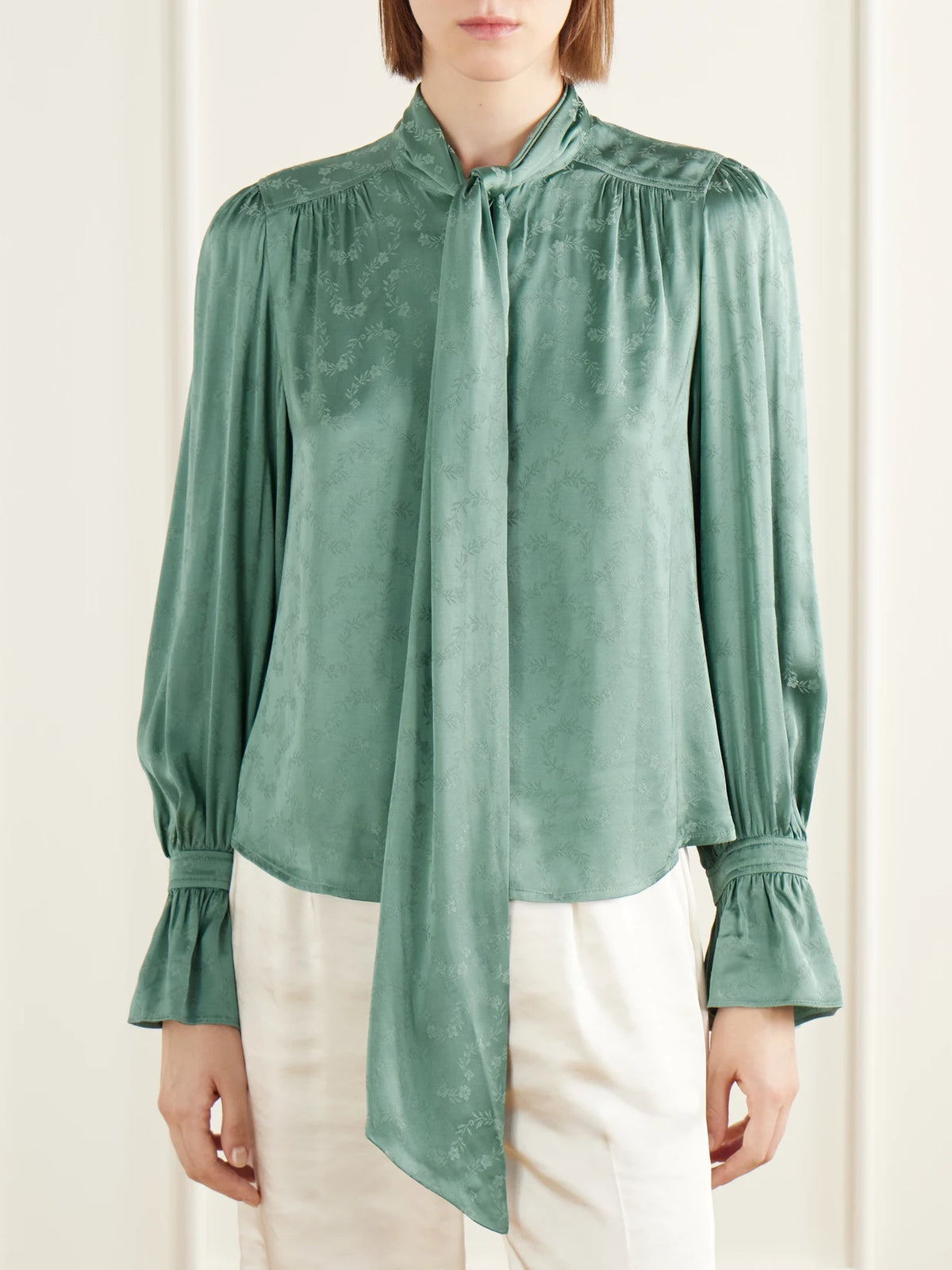 RIXO Evanora Pussy-bow Gathered Floral-jacquard Satin Blouse