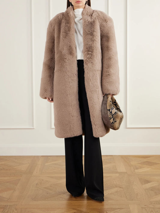 Image of Coats & Jackets. Product name - Destiny Belted Plush Coat in Beige colour by brand - The Frankie Shop