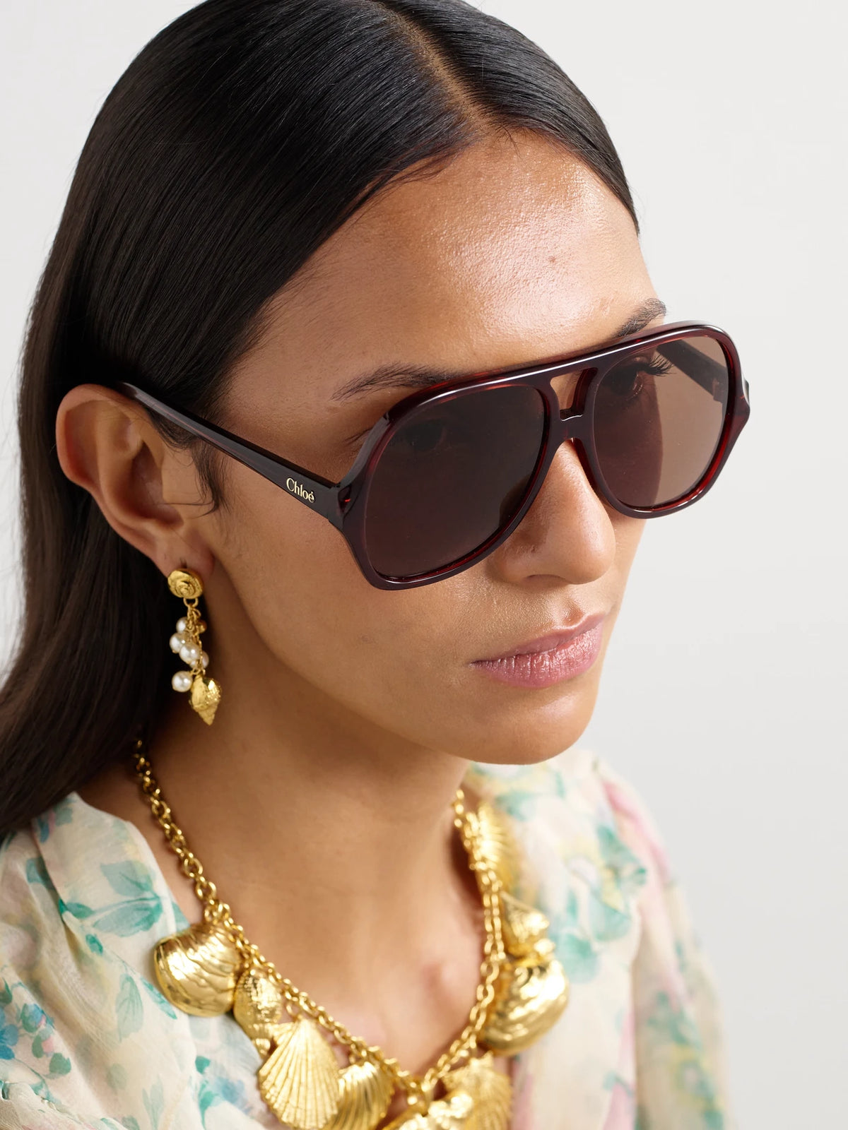 Image of Sunglasses. Product name - Salomé Aviator-style Acetate Sunglasses in Brown colour by brand - Chloé