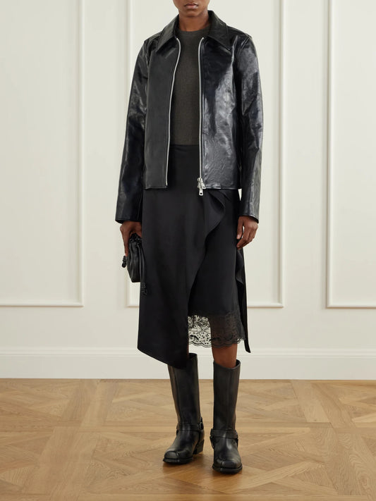 Image of Boots. Product name - Distressed Leather Knee Boots in Black colour by brand - Golden Goose