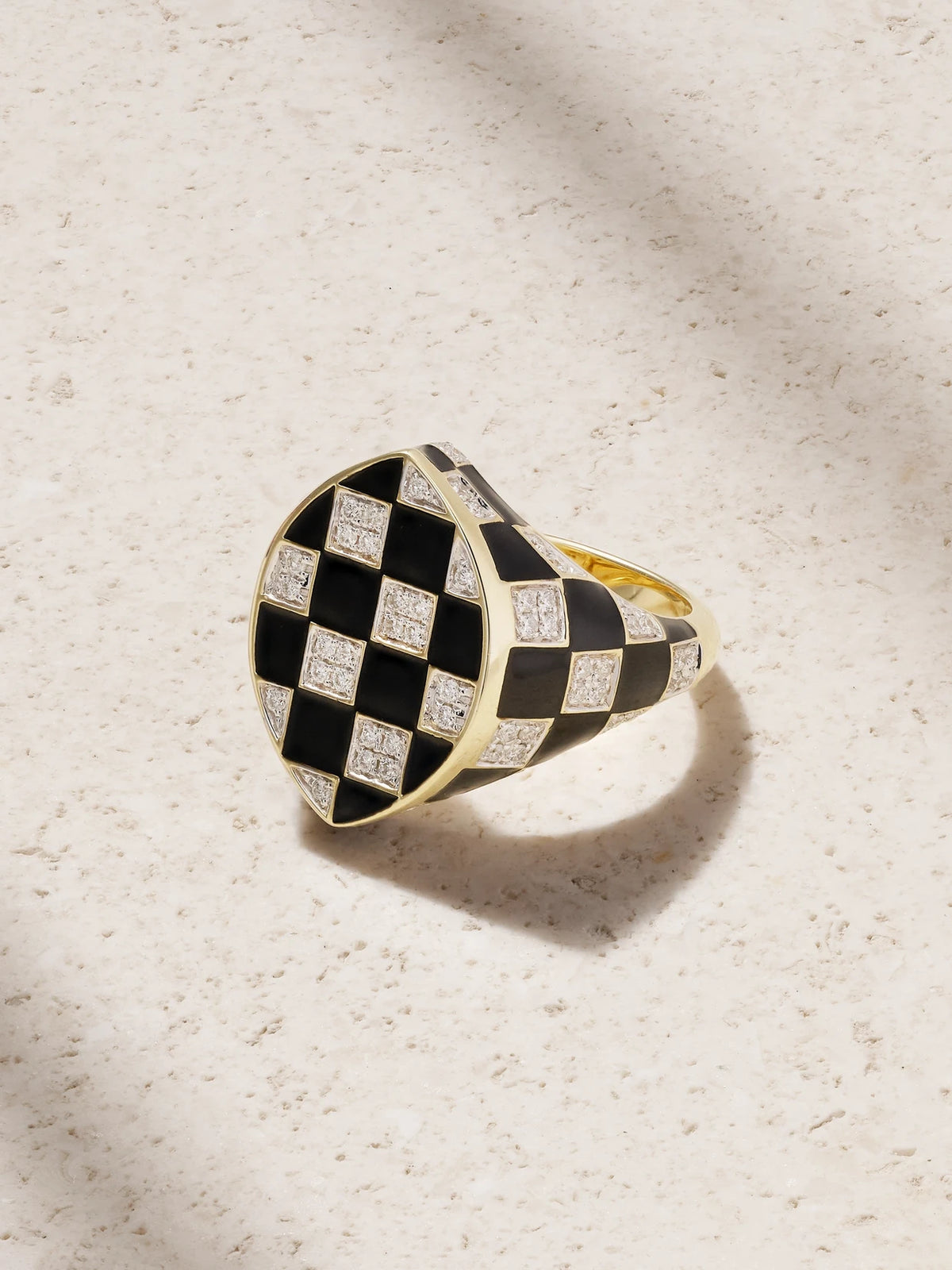 Chevalière Marquise Damier 9-karat Gold, Diamond And Enamel Ring