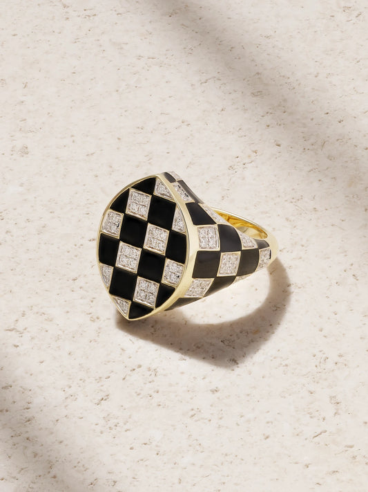 Chevalière Marquise Damier 9-karat Gold, Diamond And Enamel Ring
