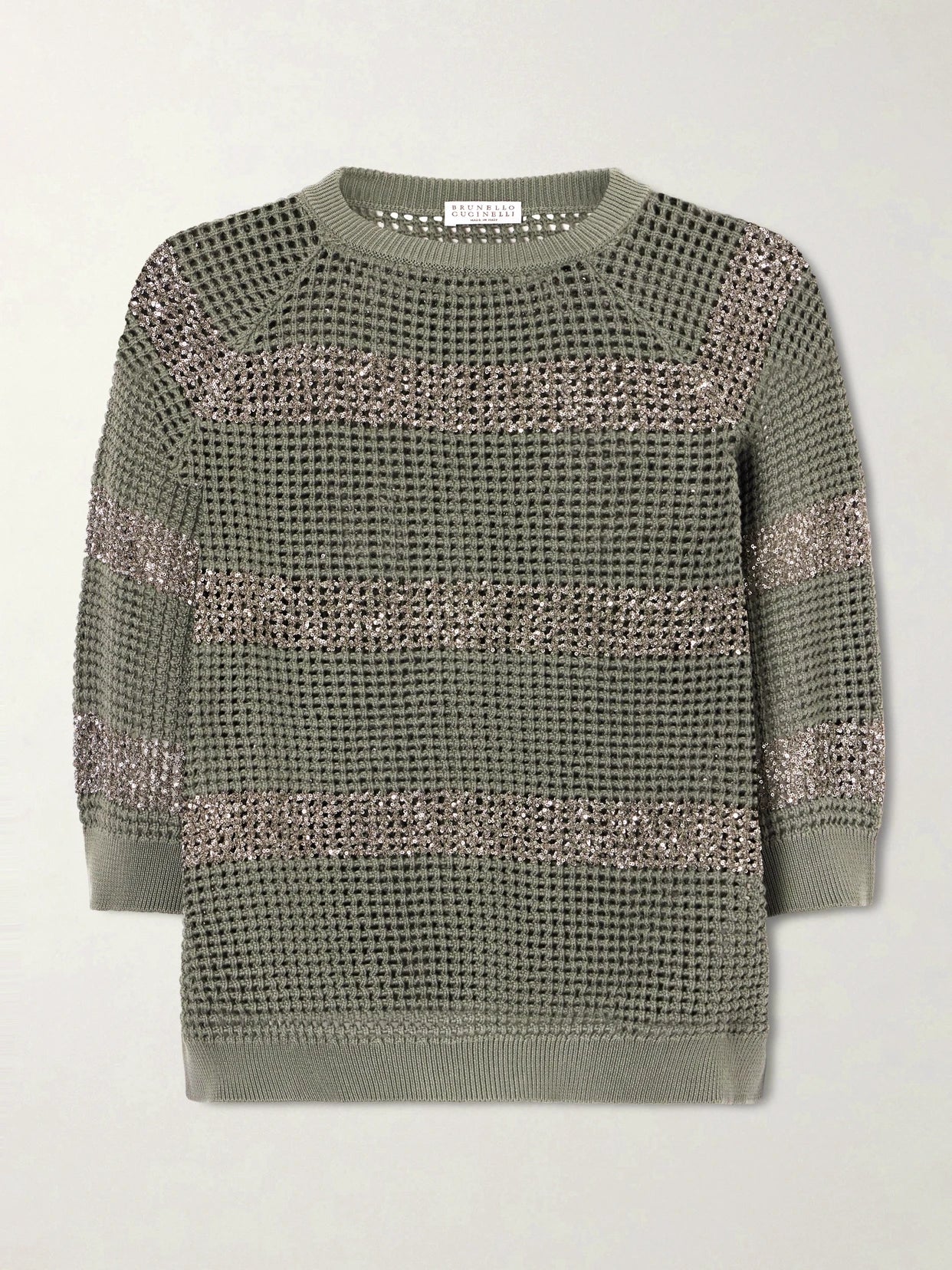 Sequin-embellished Striped Open-knit Cotton Sweater