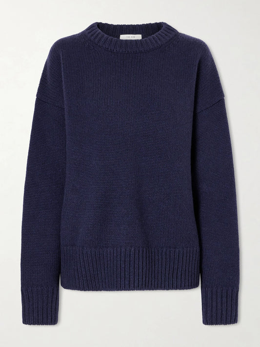 Image of a model wearing Outerwear. Product name - Essentials Ophelia Oversized Wool And Cashmere-blend Sweater in Navy colour by brand - The Row