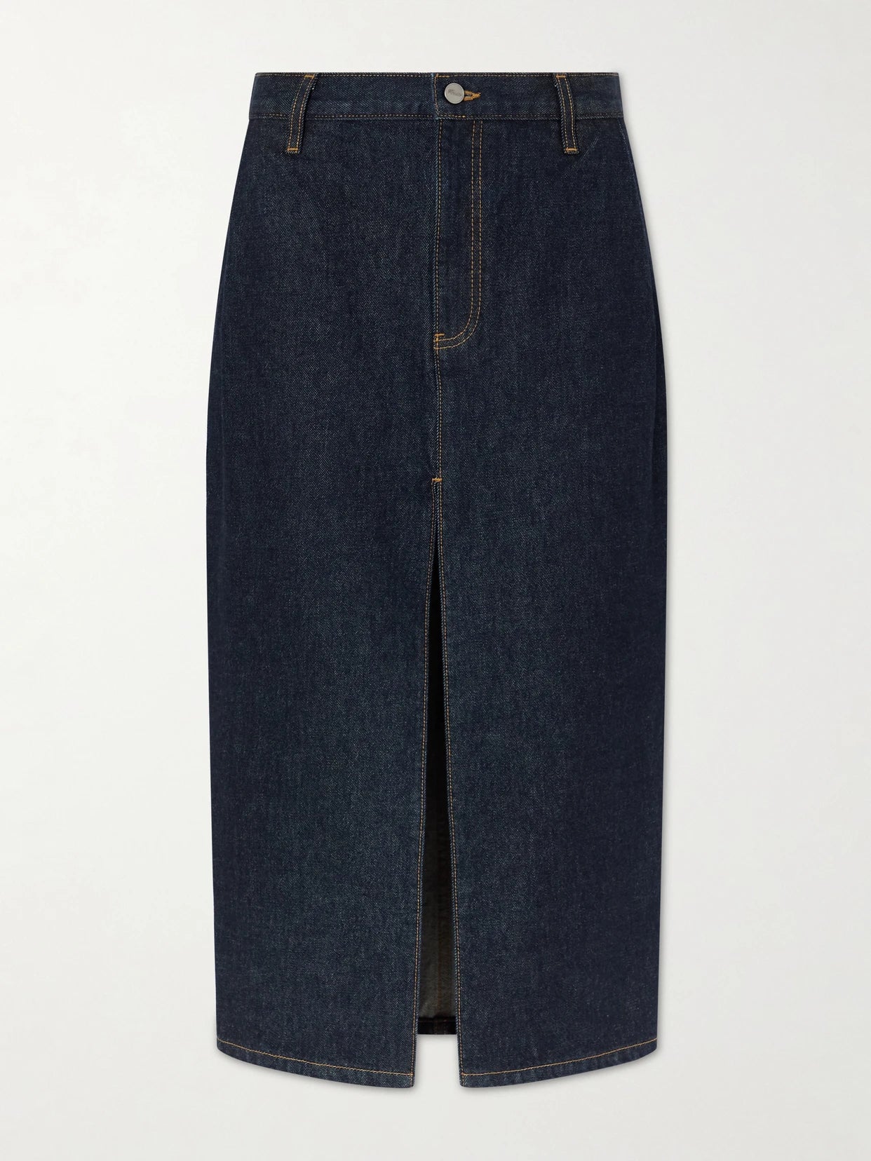 Image of Jeans. Product name - Anden Denim Midi Skirt in Dark denim colour by brand - KHAITE