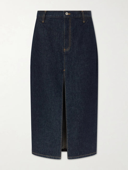 Image of Jeans. Product name - Anden Denim Midi Skirt in Dark denim colour by brand - KHAITE