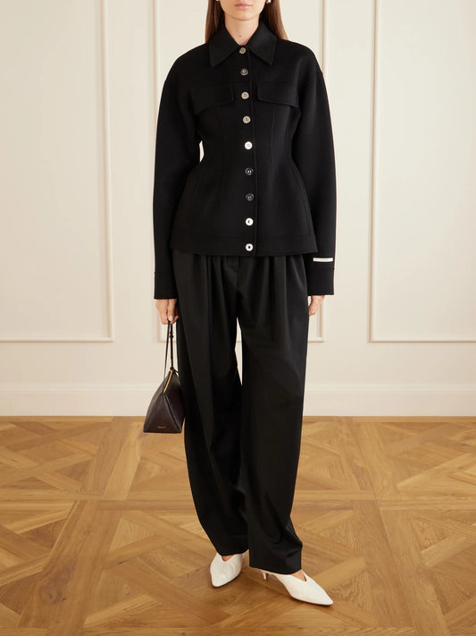 Image of a model wearing Pants. Product name - Zorro Wool Wide-leg Pants in Black colour by brand - Sportmax