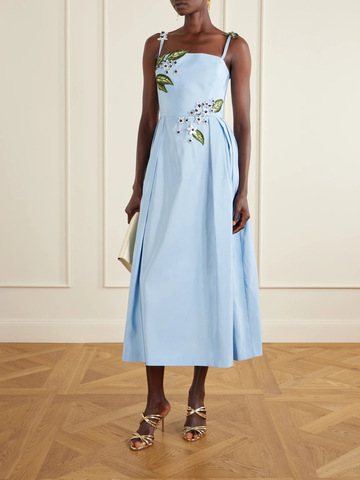 Image of Dresses. Product name - Floral-embellished Silk Midi Dress in Light blue colour by brand - Oscar de la Renta