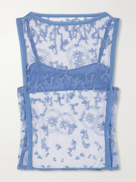 Image of a model wearing Tops. Product name - Leif Embroidered Tulle Top in Sky blue colour by brand - SIR.