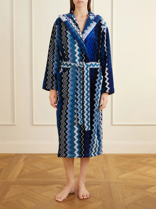 Image of Lingerie. Product name - Giacomo Striped Hooded Belted Cotton-terry Robe in Multi colour by brand - MISSONI HOME