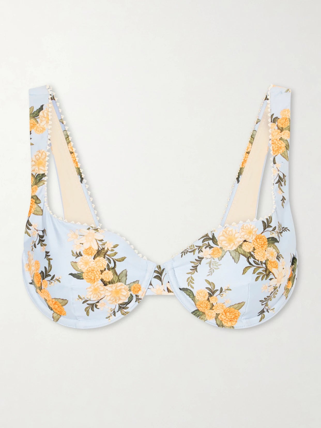 Image of Swimwear. Product name - Hacienda Valle Pearl-embellished Floral-print Bikini Top in Blue colour by brand - Agua by Agua Bendita