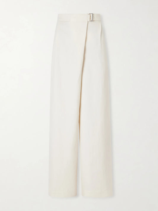 Image of a model wearing Pants. Product name - Belted Pleated Twill Wide-leg Pants in White colour by brand - Brunello Cucinelli