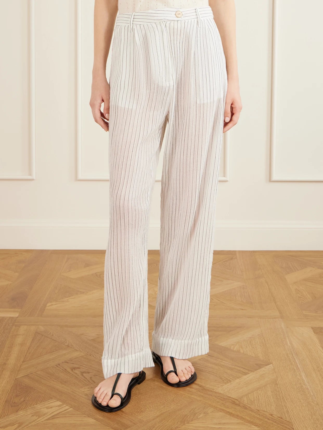 Diana Sea Salt Pleated Pinstriped Cotton-gauze Wide-leg Pants