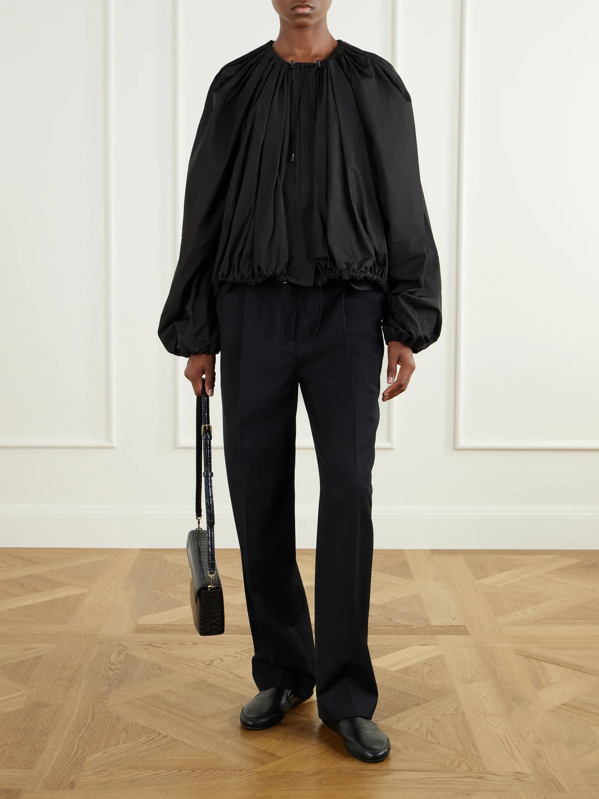 Image of Coats & Jackets. Product name - Gathered Shell Jacket in Black colour by brand - TOTEME