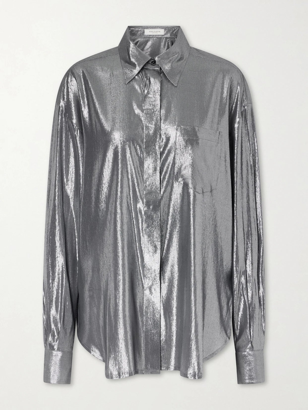 Image of a model wearing Tops. Product name - Carmen Satin Shirt in Silver colour by brand - Giuliva Heritage