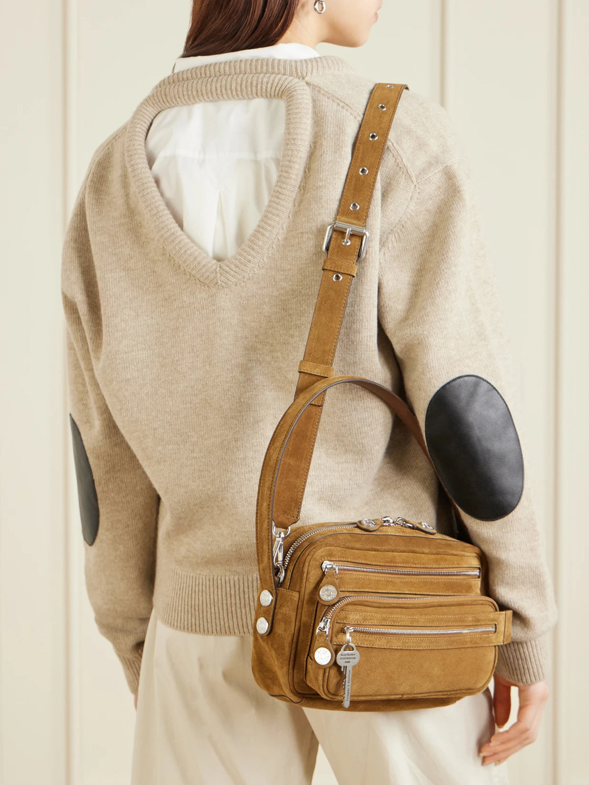Image of Bags. Product name - Suede Shoulder Bag in Brown colour by brand - Acne Studios