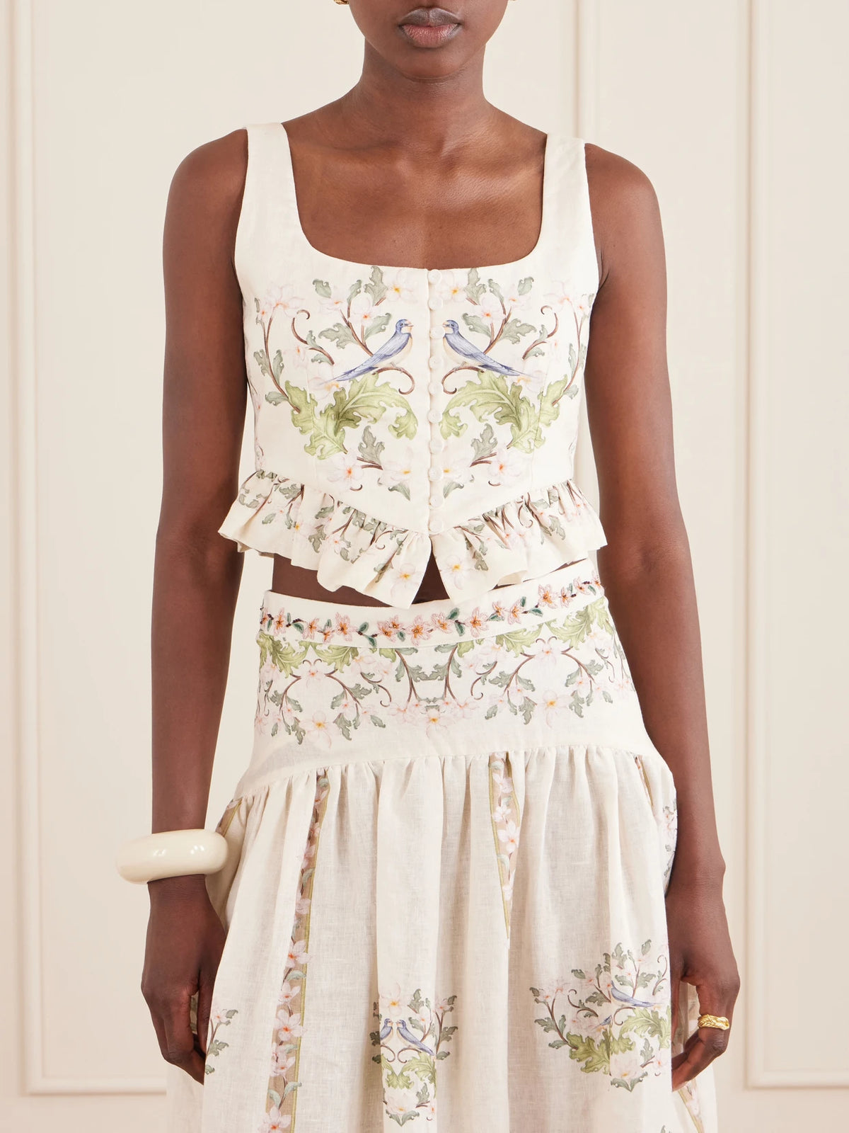Agua by Agua Bendita Eslabon Anhelo Floral-print Button-embellished Linen Cropped Top