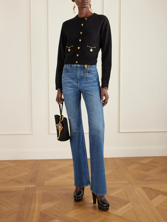 Image of a model wearing Outerwear. Product name - Cropped Embellished Wool And Cashmere-blend Cardigan in Black colour by brand - Chloé