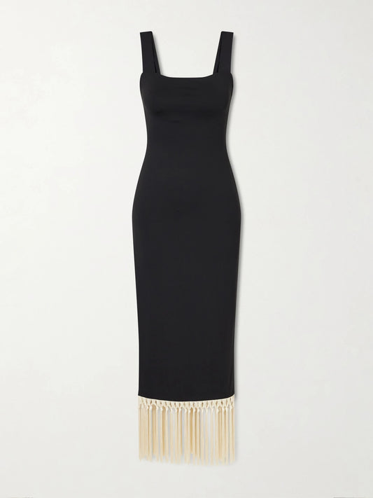 Image of Dresses. Product name - Lido Fringed Jersey Midi Dress in Black colour by brand - Taller Marmo