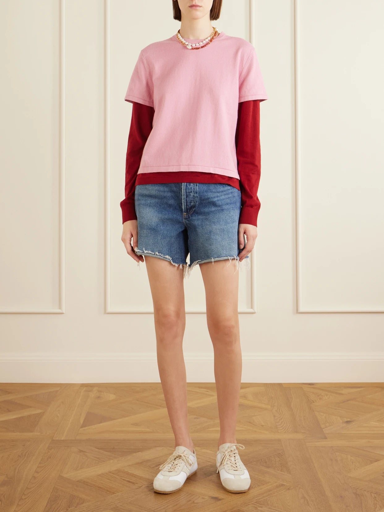 Image of a model wearing Outerwear. Product name - Layer Cotton, Cashmere And Silk-blend Shirt in Pink colour by brand - Guest In Residence