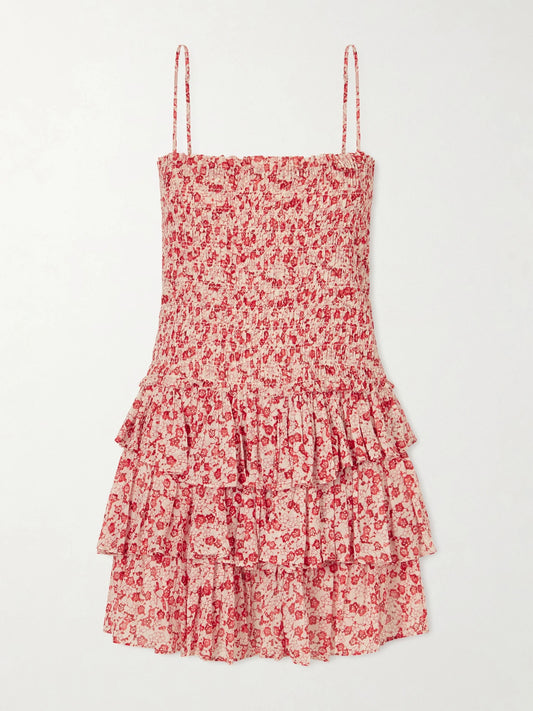 Image of Dresses. Product name - Elodie Floral-print Ruffled Organic Cotton Mini Dress in Red colour by brand - MARANT ÉTOILE