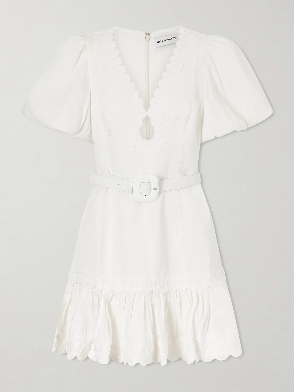 Image of Dresses. Product name - Kahlia Ruffled Scalloped Linen-blend Mini Dress in White colour by brand - Rebecca Vallance