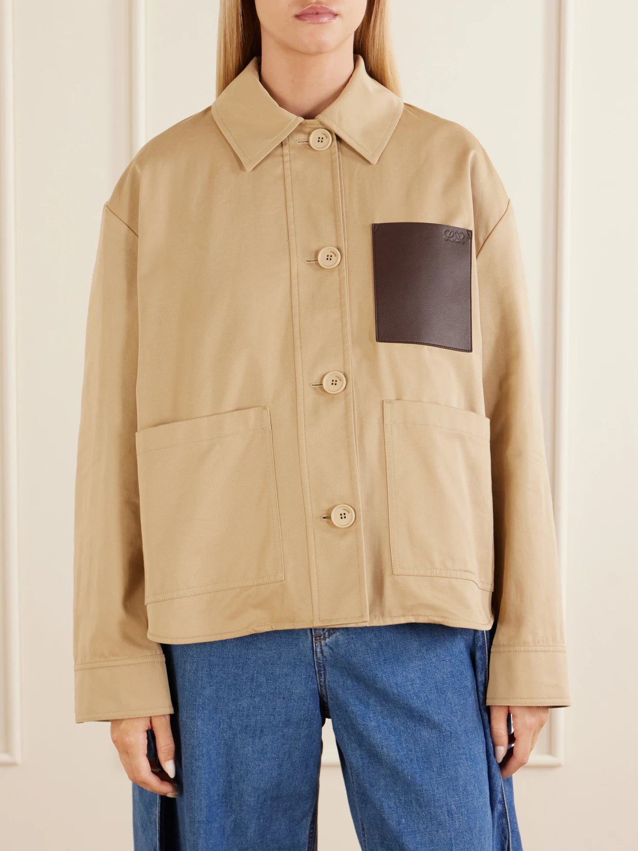 Anagram-embossed Leather-trimmed Cotton-gabardine Jacket