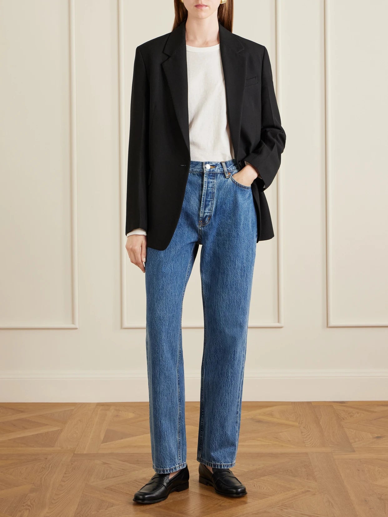 Image of Jeans. Product name - Childhood Slim-leg Jeans in Dark denim colour by brand - Still Here