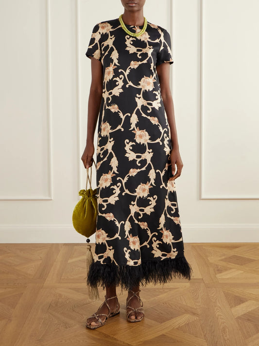 Image of Dresses. Product name - Swing Floral-print Feather-trimmed Silk-satin Maxi Dress in Black colour by brand - La DoubleJ