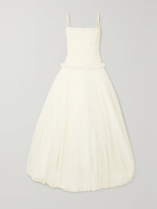 Image of Dresses. Product name - Guinevere Shirred Grosgrain-trimmed Tulle Gown in Ivory colour by brand - Danielle Frankel