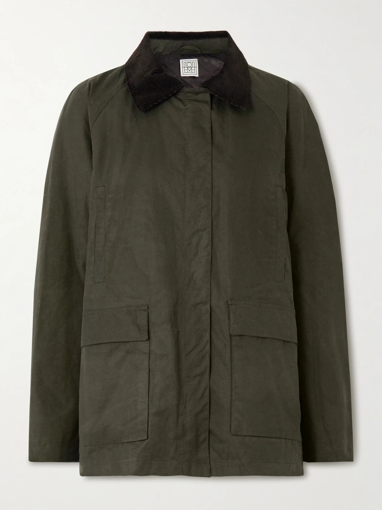 Image of Coats & Jackets. Product name - Oversized Corduroy-trimmed Waxed Organic Cotton Jacket in Green colour by brand - TOTEME