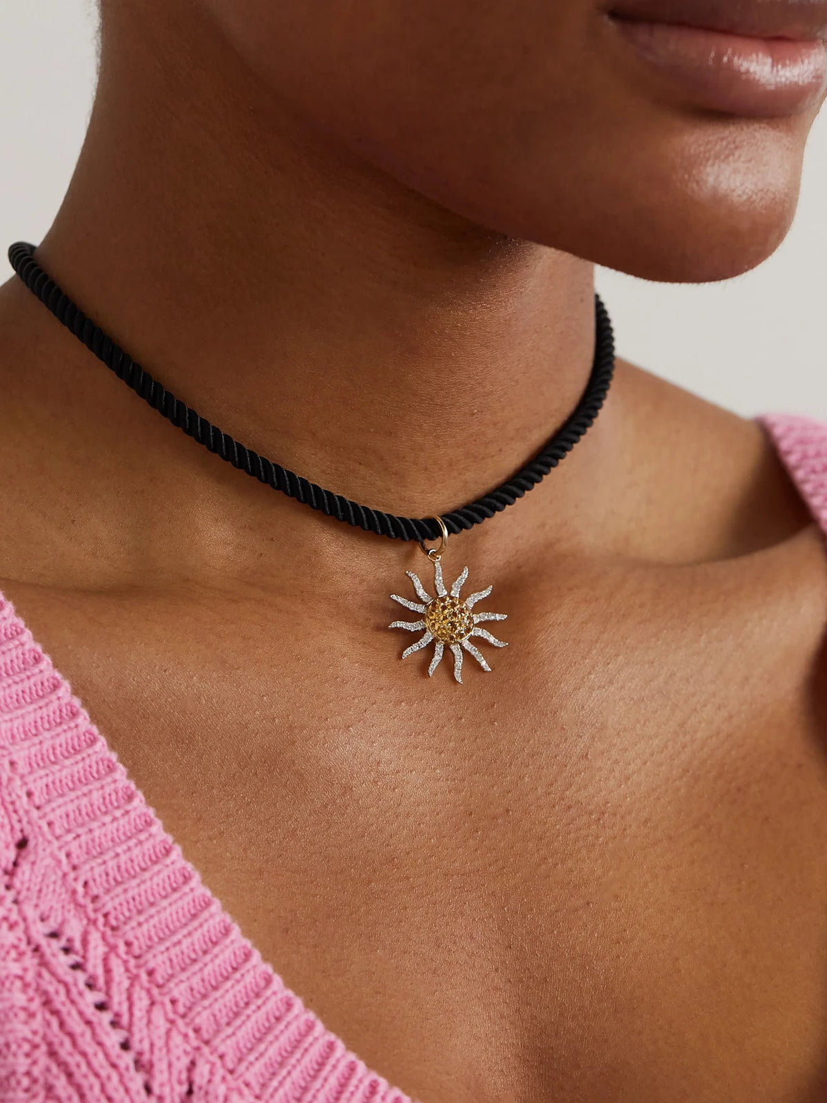 Image of Necklaces. Product name - Soleil 9-karat Gold, Cord, Citrine And Diamond Necklace in Black colour by brand - Yvonne Léon