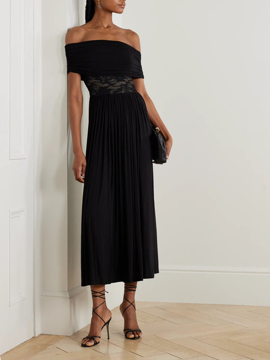 Image of Dresses. Product name - Off-the-shoulder Lace-trimmed Gathered Stretch-jersey Maxi Dress in Black colour by brand - Zimmermann
