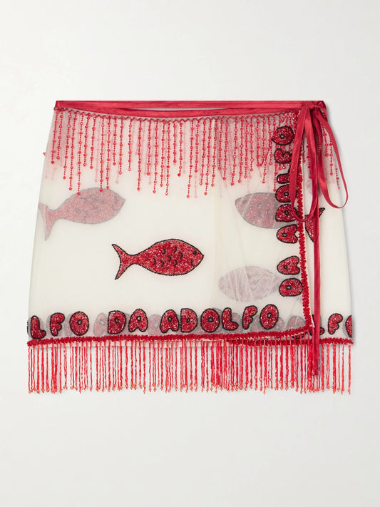 Image of Swimwear. Product name - + Da Adolfo Riva Fringed Beaded Mesh Sarong in Red colour by brand - STAUD