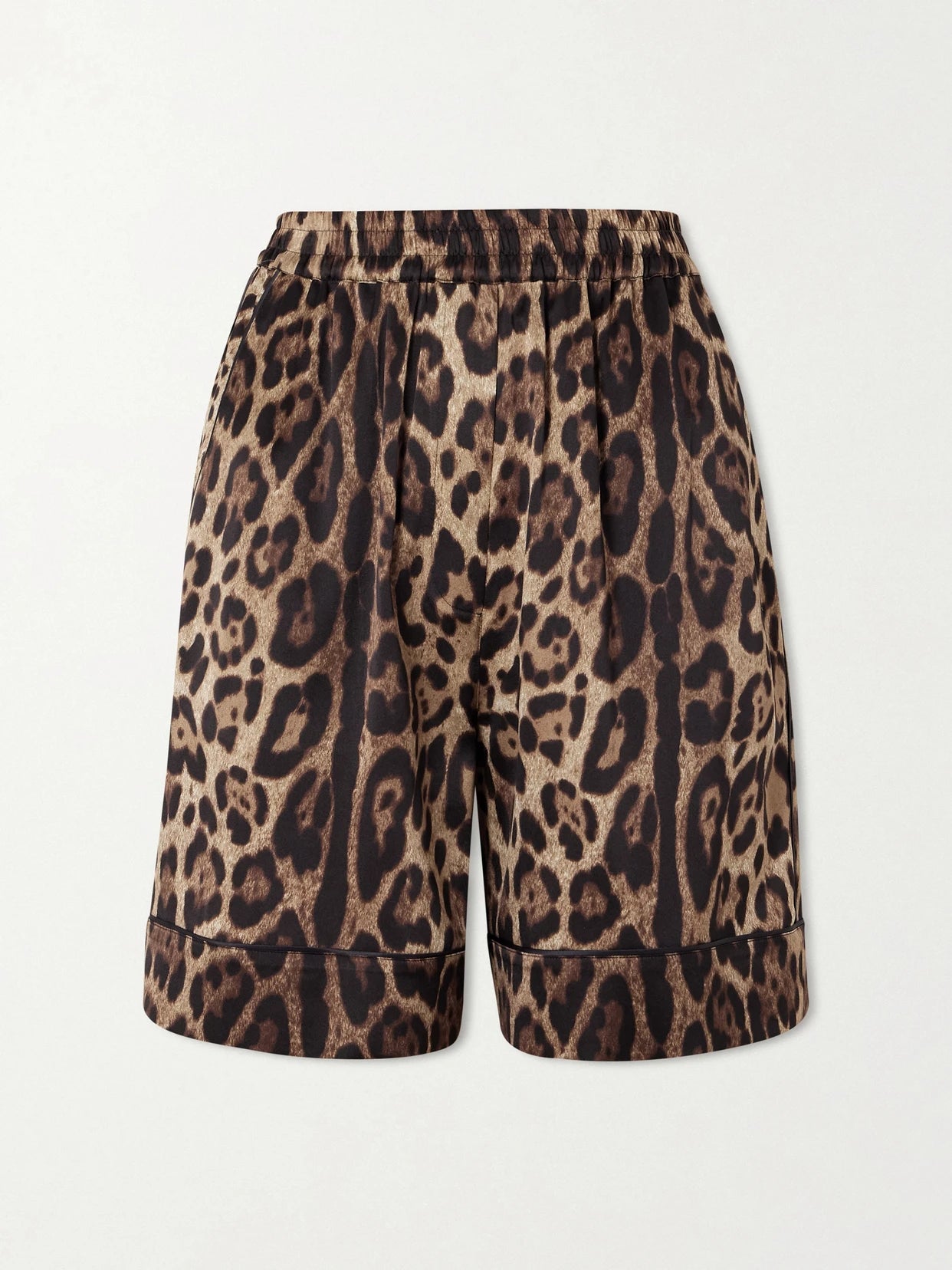 Image of a model wearing Shorts. Product name - Leopard-print Silk-blend Satin Shorts in Leopard print colour by brand - Dolce & Gabbana