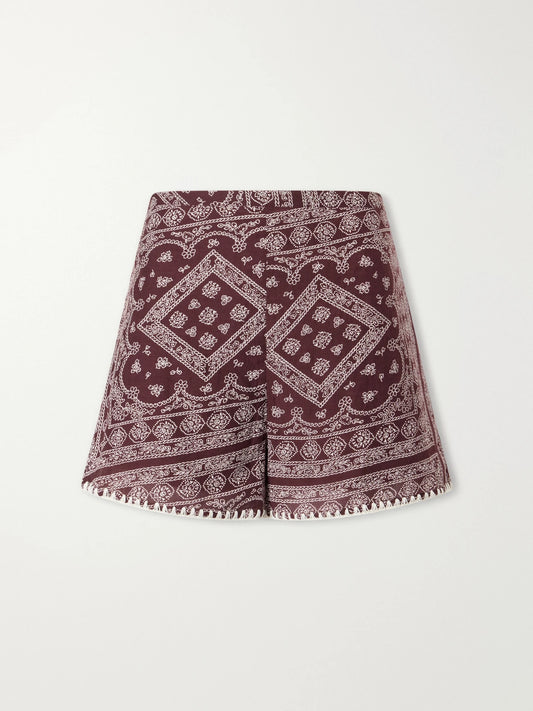 Image of a model wearing Shorts. Product name - Tennison Printed Cotton-blend Voile Shorts in Burgundy colour by brand - Veronica Beard
