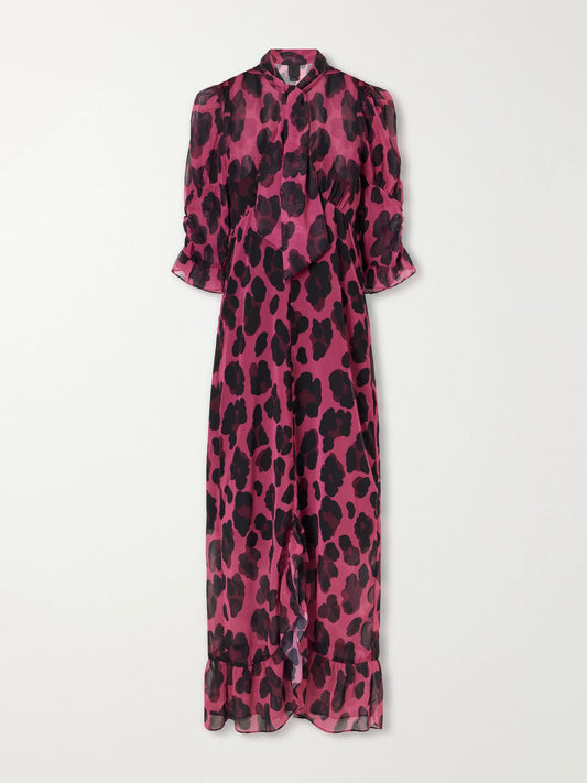Image of Dresses. Product name - Tie-detailed Ruffled Animal-print Voile Midi Dress in Pink colour by brand - Anna Sui