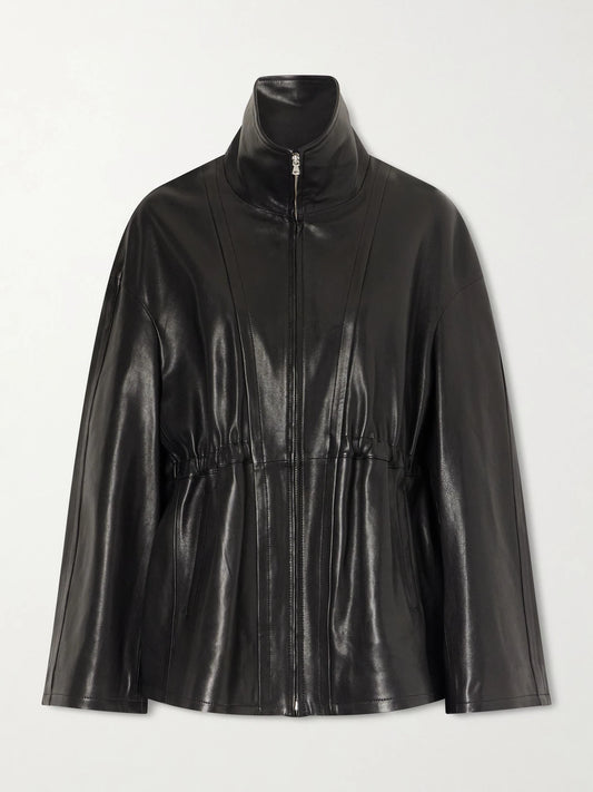 Image of Coats & Jackets. Product name - Passage Leather Jacket in Black colour by brand - Nour Hammour