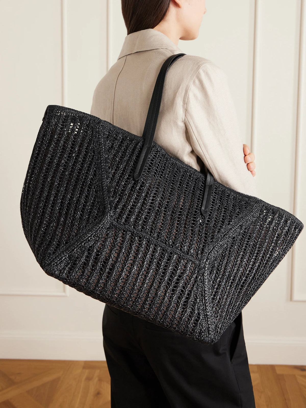 Image of Bags. Product name - Leather-trimmed Woven Tote in Black colour by brand - Brunello Cucinelli