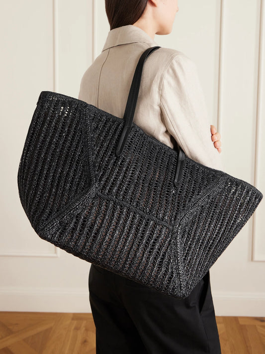 Image of Bags. Product name - Leather-trimmed Woven Tote in Black colour by brand - Brunello Cucinelli