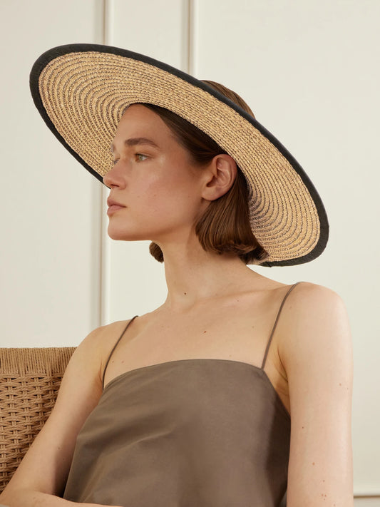 Image of Hats. Product name - Ines Cotton-trimmed Straw Visor in Neutral colour by brand - Gigi Burris