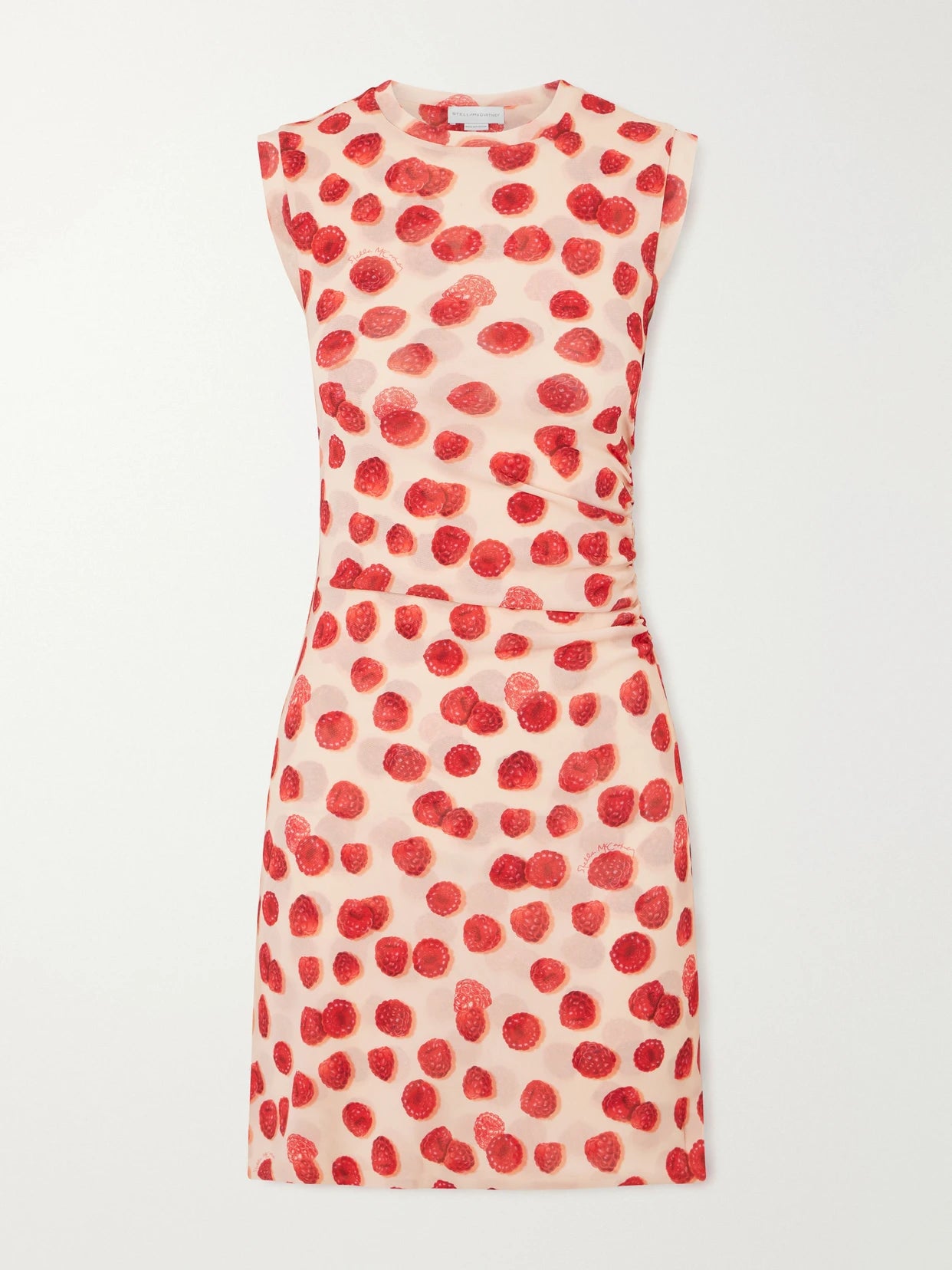 Image of Dresses. Product name - Gathered Printed Mesh Mini Dress in Coral colour by brand - Stella McCartney