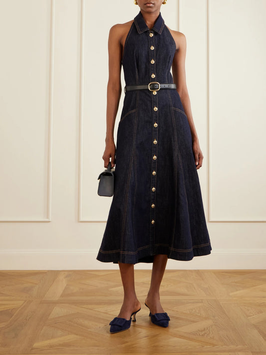 Belted Halterneck Denim Midi Dress