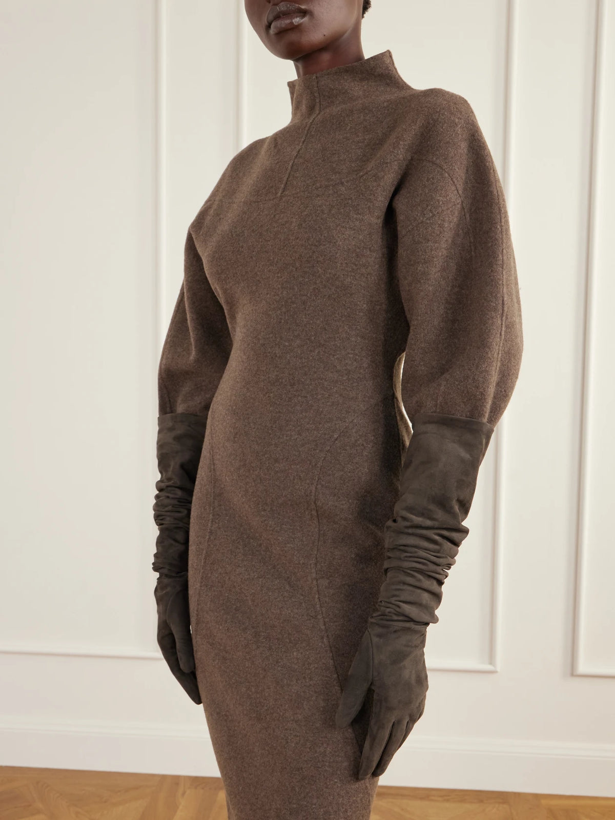 Image of Gloves & Mittens. Product name - Suede Gloves in Dark brown colour by brand - Max Mara