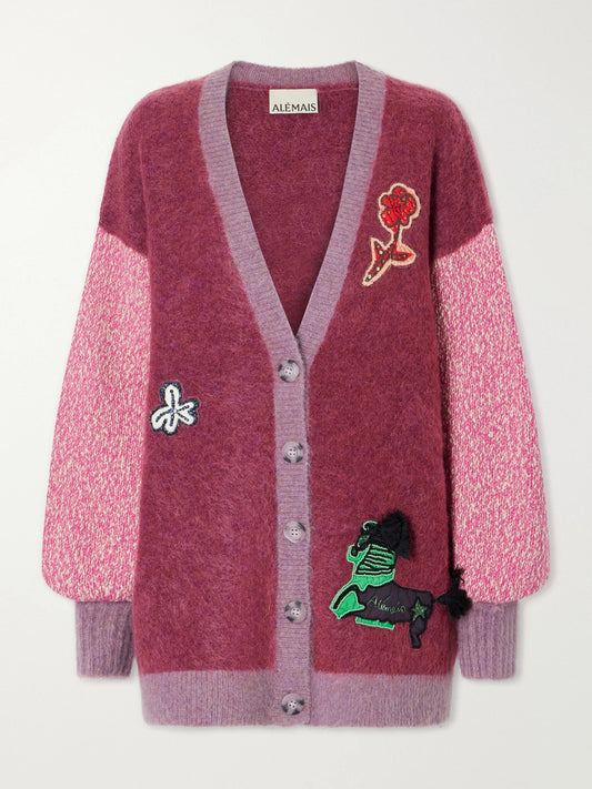 Image of a model wearing Outerwear. Product name - Mlak Bead-embellished Mohair, Alpaca And Wool-blend Cardigan in Pink colour by brand - ALÉMAIS