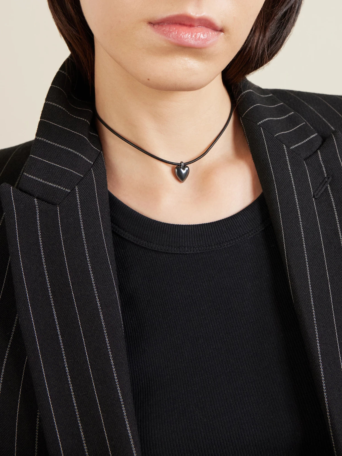 Image of Necklaces. Product name - Puffy Heart Silver-plated And Leather Choker in Charcoal colour by brand - Jennifer Fisher