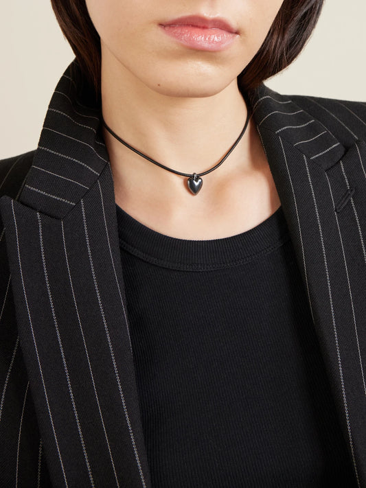 Image of Necklaces. Product name - Puffy Heart Silver-plated And Leather Choker in Charcoal colour by brand - Jennifer Fisher