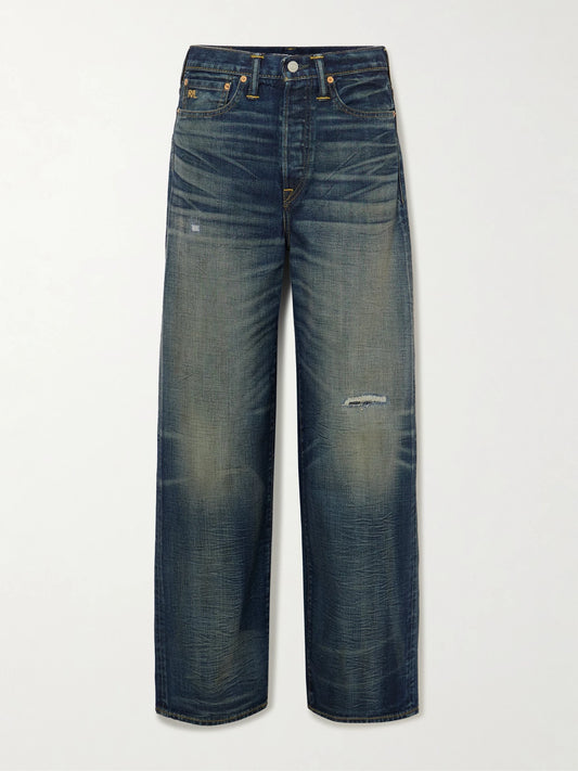 Image of Jeans. Product name - Distressed High-rise Wide-leg Jeans in Dark denim colour by brand - RRL